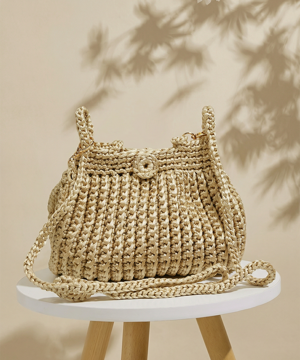 Handmade Crochet Ribbed Crossbody Bag — Natural / Ivory